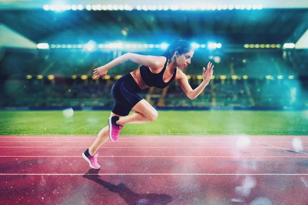 Athletic Woman Runs Fast Stadium — Foto Stock