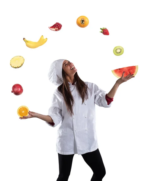 Woman Chef Prepares New Receipt Fresh Fruits — стоковое фото