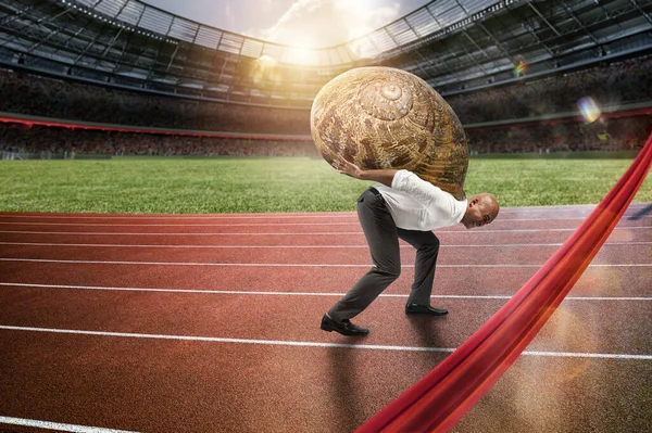 Tired Businessman Runs Slow Snail Runner Race — Stock Photo, Image