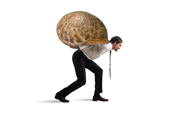 Tired Businessman Acts Slow Snail White Background — Φωτογραφία Αρχείου