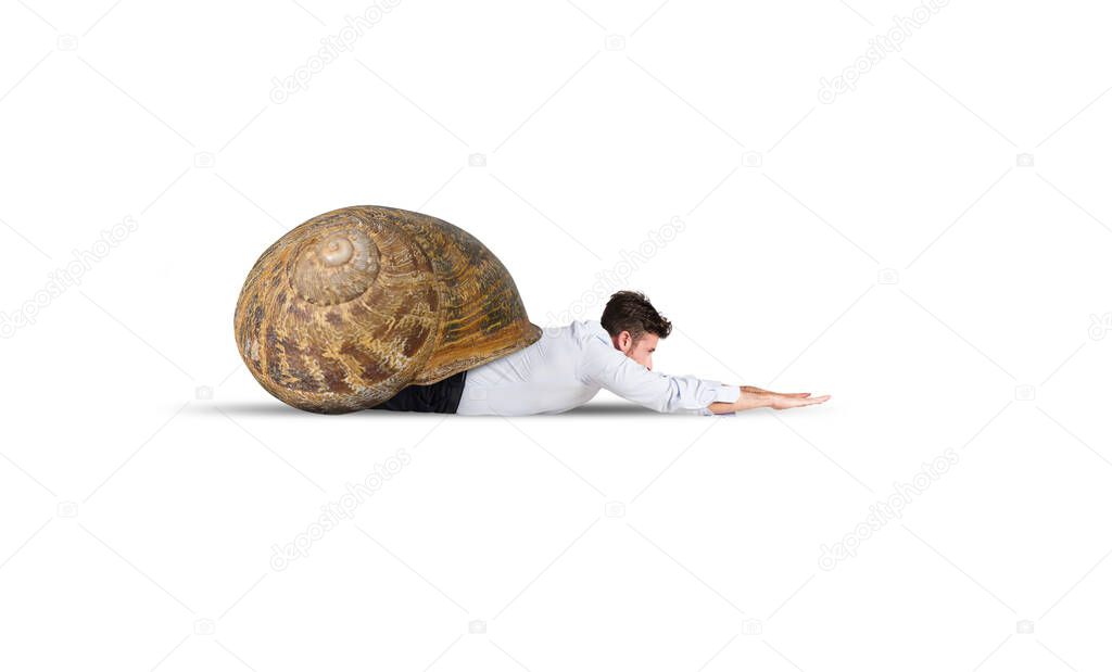 Tired businessman acts like a slow snail on white background