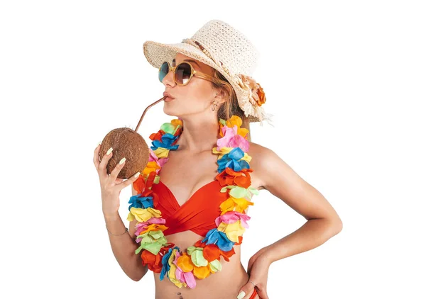 Woman Swimsuit Hat Refreshing Coconut Stock Picture