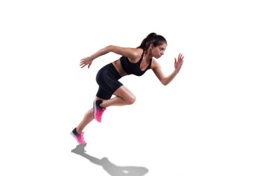 Athletic woman runs isolated on white background