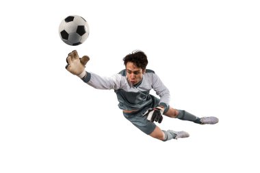 Soccer player saving a goal isolated on white background