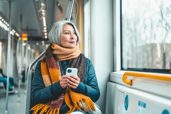 Woman Send Message Mobile Phone Train — стоковое фото