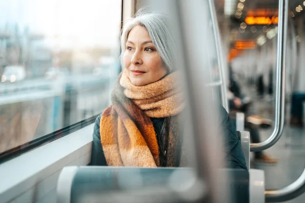 Женщина Сидящая Поезде Едет Пункт Назначения — стоковое фото
