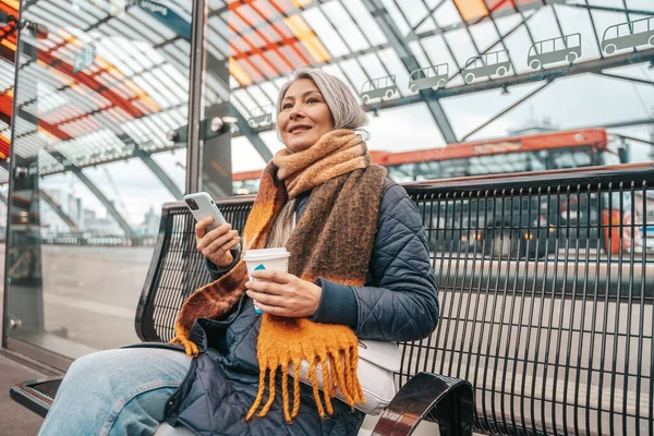 Женщина Покупает Билет Поезд Смартфон — стоковое фото