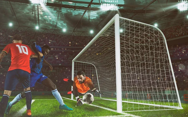 Dois Jogadores Futebol Guarda Redes Perseguem Bola Estádio — Fotografia de Stock