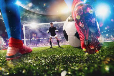 Stadyumda rakip futbolcularla futbol sahnesi