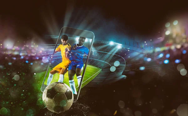 Soccer Players Cellphone Ball Stadium — Foto de Stock