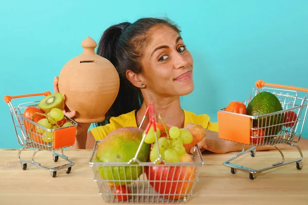 Happy Woman Made Cheap Healthy Shopping —  Fotos de Stock
