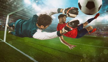 Stadyumda topa vuran bir oyuncuyla futbol sahnesi.