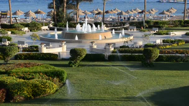 La fuente cerca de la playa en el hotel de lujo y riego de césped, Sharm el Sheikh, Egipto — Vídeos de Stock