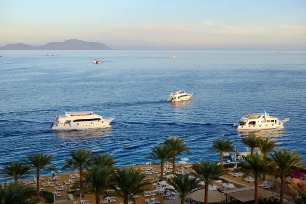 Tramonto a Naama Bay, Mar Rosso e barche a motore, Sharm el Sheikh , — Foto Stock