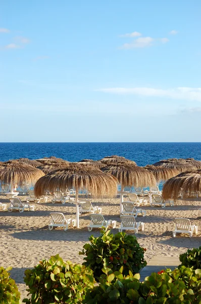 Praia do hotel de luxo ao pôr do sol, ilha de Tenerife, Espanha — Fotografia de Stock