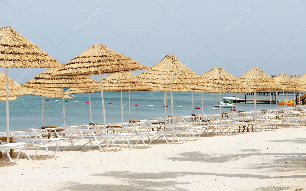 The beach with white sand at luxury hotel, Bodrum, Turkey