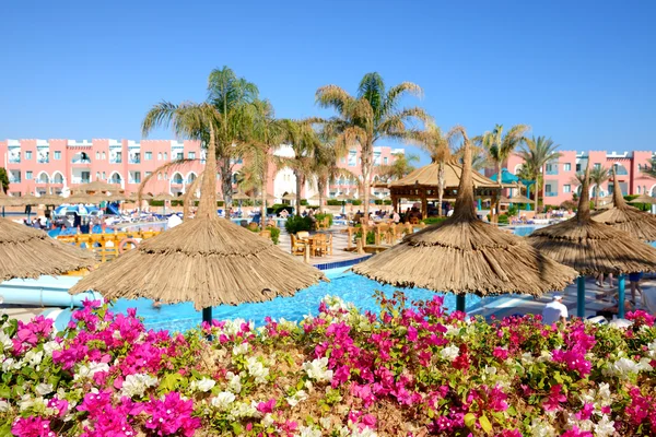 Blick auf den Pool im Luxushotel (Blumen stehen im Mittelpunkt) — Stockfoto