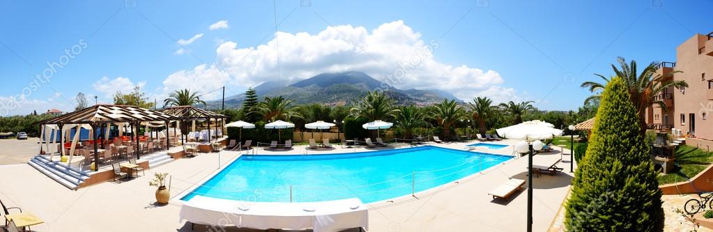 The panorama of swimming pool near luxury hotel, Peloponnes, Gre