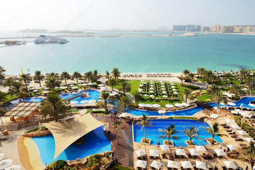 Beach with a view on Jumeirah Palm man-made island, Dubai, UAE