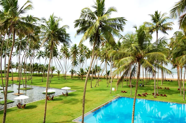 La piscina y la playa del hotel de lujo, Bentota, Sri Lanka — Foto de Stock