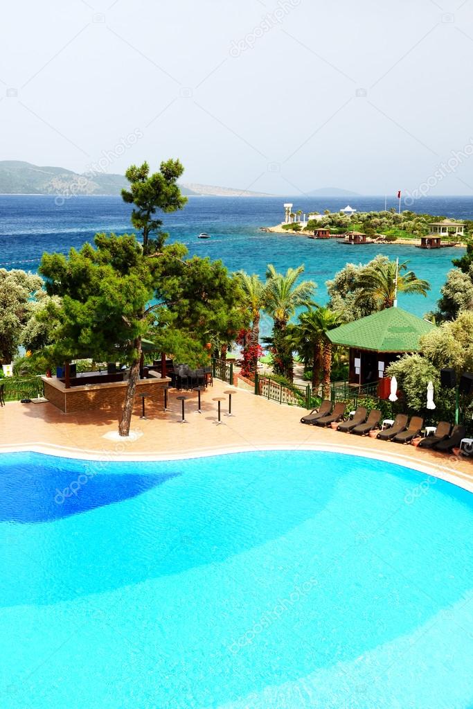 Swimming pool near beach at Turkish resort, Bodrum, Turkey