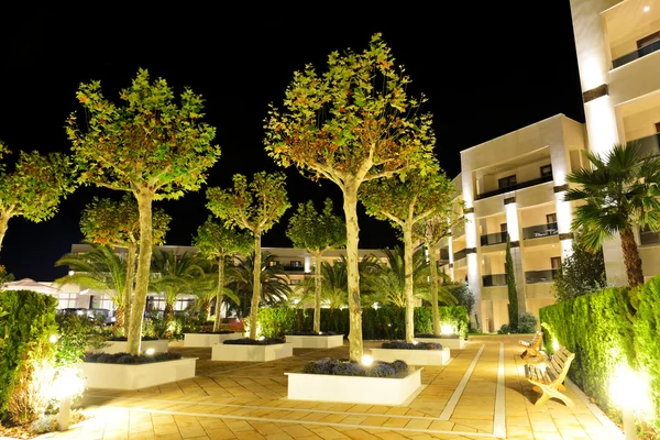 Los árboles en la iluminación nocturna en el hotel de lujo, Halkidiki, Gree — Foto de Stock