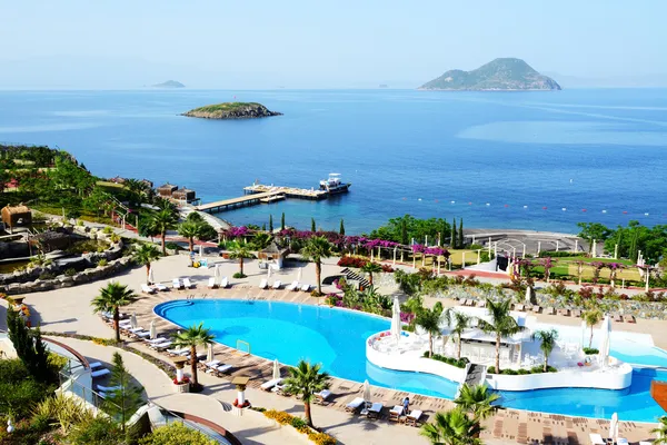 The beach at luxury hotel, Bodrum, Turkey Royalty Free Stock Images