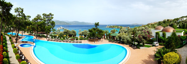 Panorama of the beach at luxury hotel, Bodrum, Turkey
