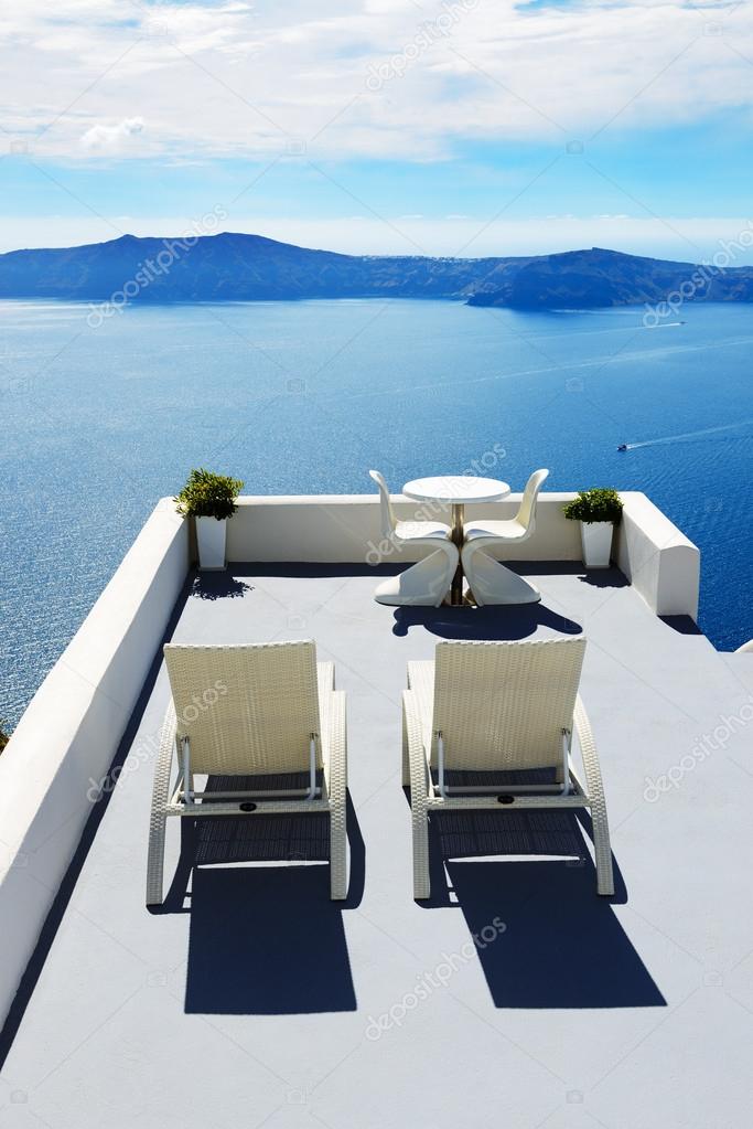 The sea view terrace at luxury hotel, Santorini island, Greece