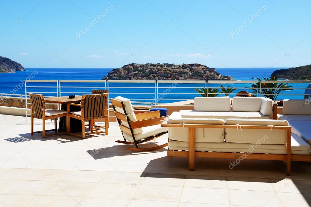 Sea view terrace at luxury hotel with a view on Spinalonga Islan