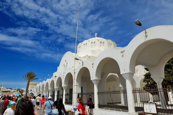 Fira Grecia Maggio Vista Candlemas Santa Cattedrale Metropolitana Ortodossa Turisti — Foto Stock