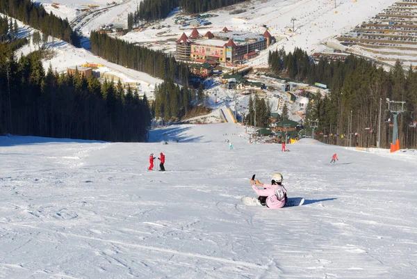 Bukovel Ukraine Snowborder Makes Selfie Backope Bukovel Ski Resort February — Stockfoto