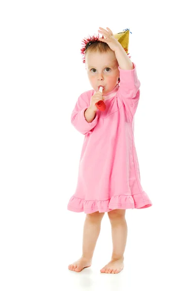 Girl in pink dress and a hat on his birthday — Stock Photo, Image