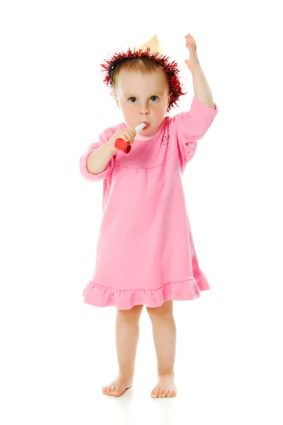 Girl in pink dress and a hat on his birthday — Stock Photo, Image