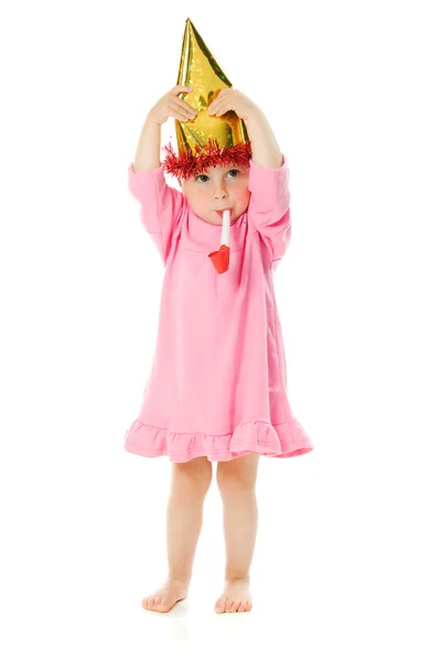 Lány rózsaszín ruhát, és egy kalap, a születésnapján — Stock Fotó