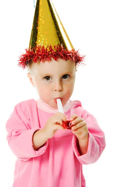 Dziewczyna w różowej sukience i kapelusz na urodziny — Zdjęcie stockowe
