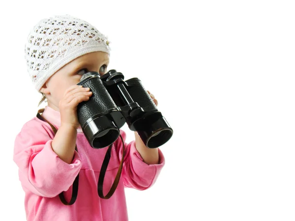 一对双筒望远镜的粉红色连衣裙的女孩 — 图库照片