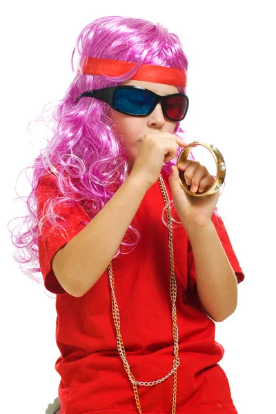 A girl in fancy clothes and 3d glasses — Stock Photo, Image