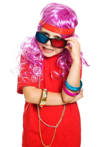 A girl in fancy clothes and 3d glasses — Stock Photo, Image