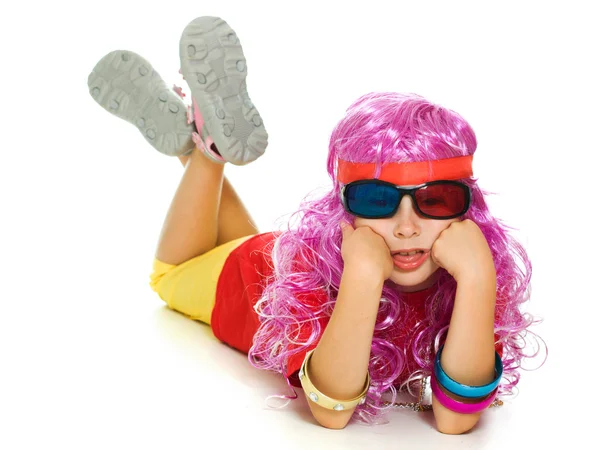 Ein Mädchen in schicker Kleidung und 3D-Brille — Stockfoto