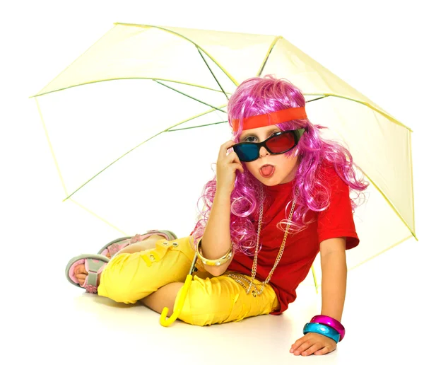 A girl in fancy clothes, umbrella and 3d glasses — Stock Photo, Image