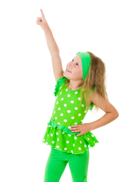 Girl points finger up — Stock Photo, Image