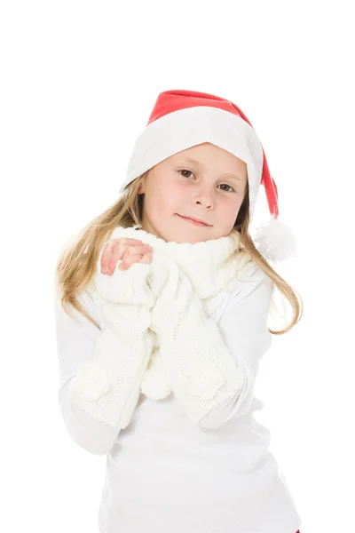 Menina bonito no chapéu de Papai Noel — Fotografia de Stock