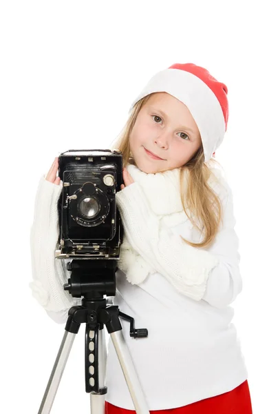 古いカメラとクリスマスの衣装の女の子 — ストック写真