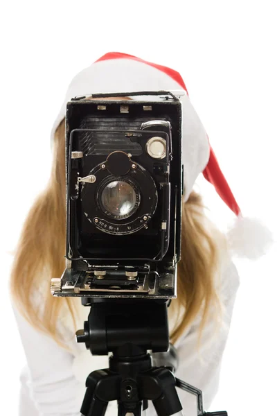 用老相机的圣诞服装的女孩 — 图库照片