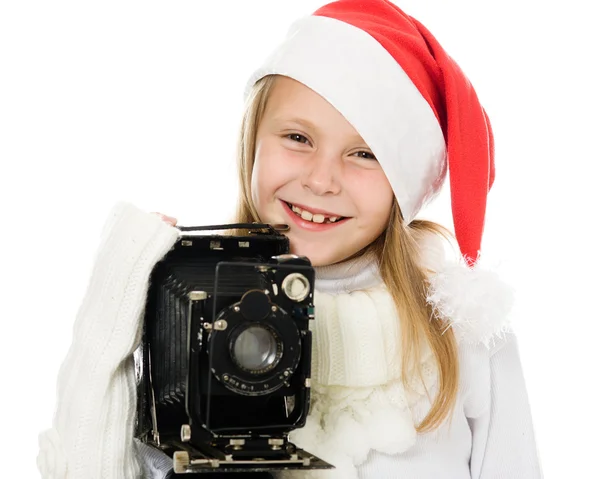 用老相机的圣诞服装的女孩 — 图库照片