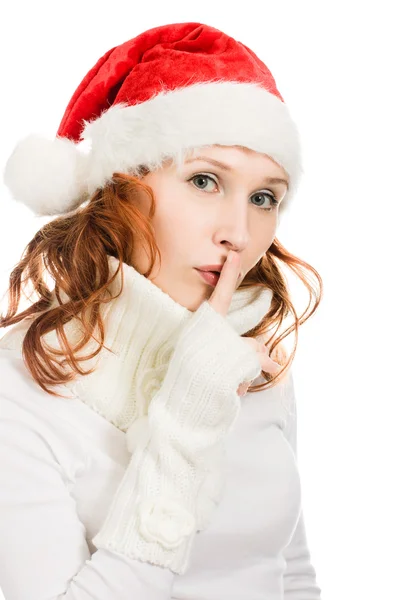 Happy Christmas woman points to the silence — Stock Photo, Image