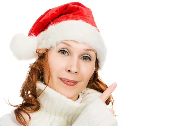 Beautiful Christmas woman showing finger up — Stock Photo, Image