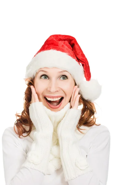 Felice bella donna di Natale in cappello di Babbo Natale — Foto Stock