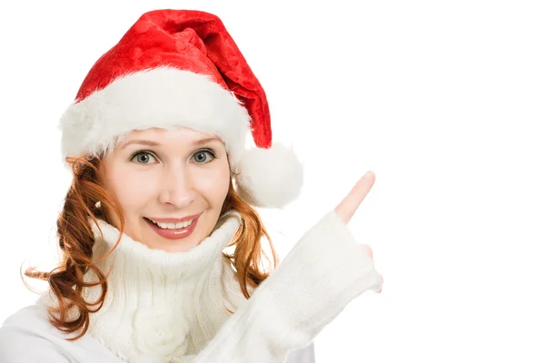 Beautiful Christmas woman showing finger up — Stock Photo, Image